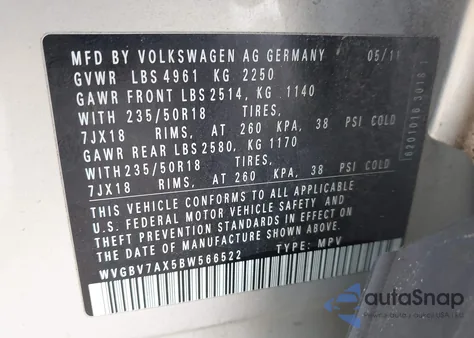2011 Volkswagen Tiguan Se z USA, uszkodzony, nr VIN WVGBV7AX5BW566522